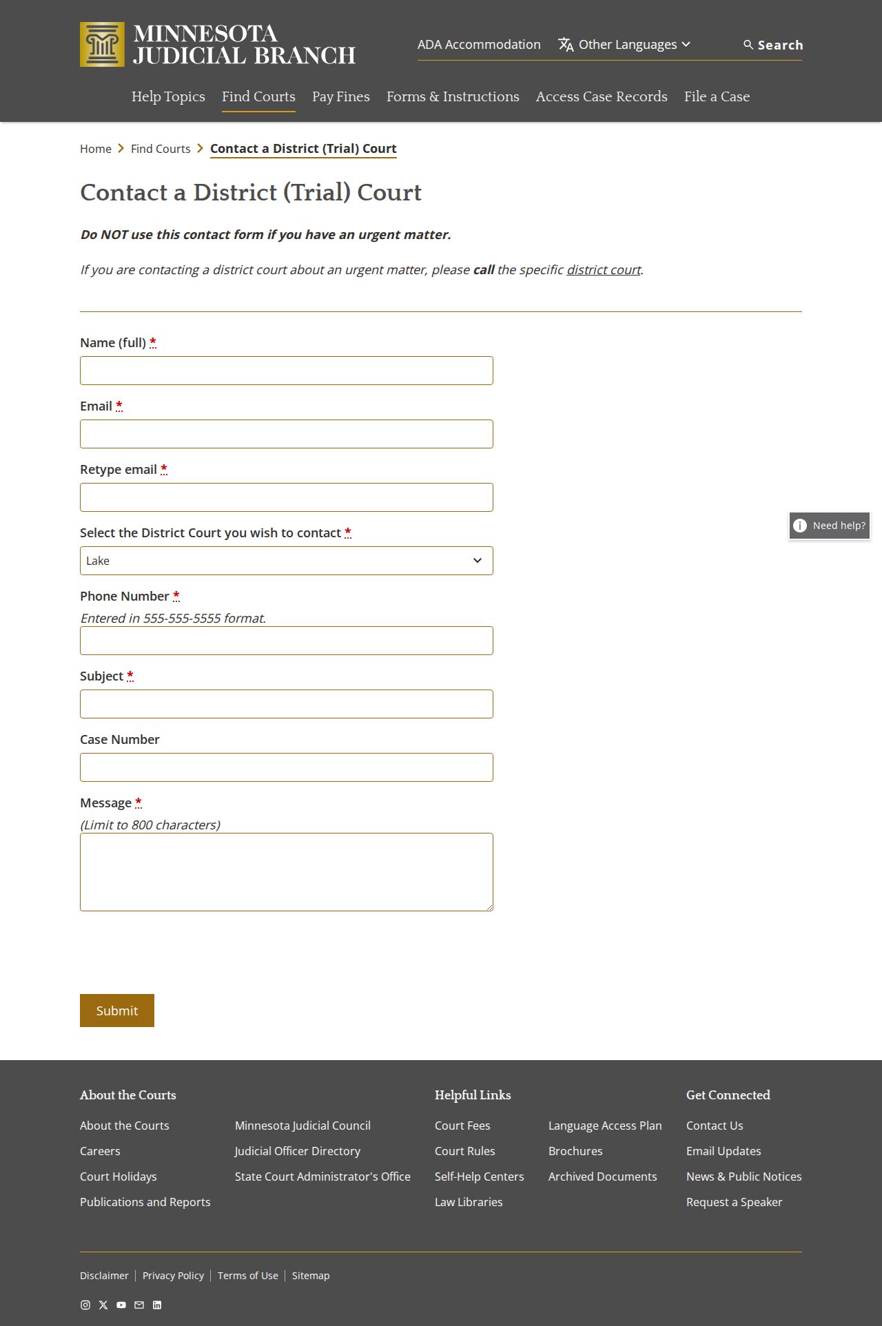 Minnesota district court contact form fields for Lake County assistance
