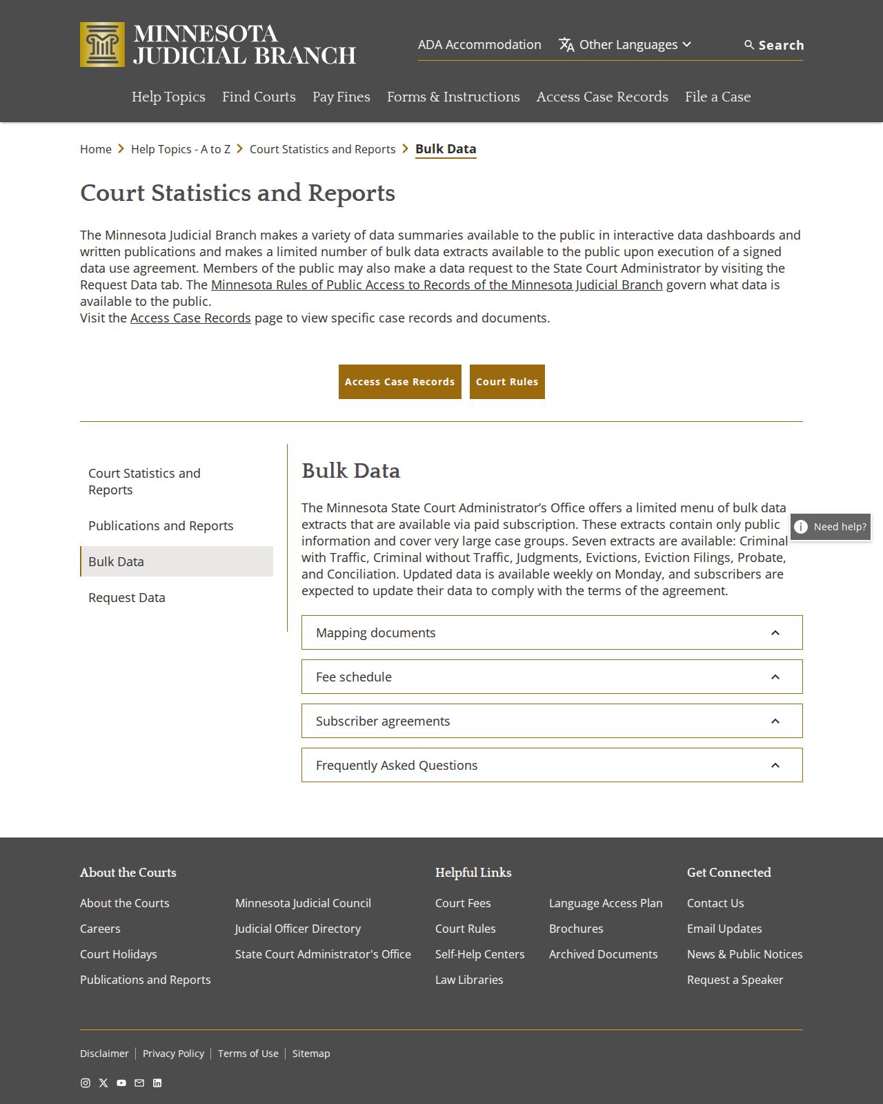 Minnesota Judicial Branch bulk data information for court statistics