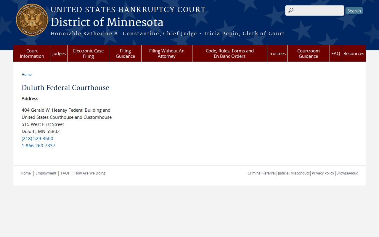 Duluth Federal Courthouse information for District of Minnesota bankruptcy records