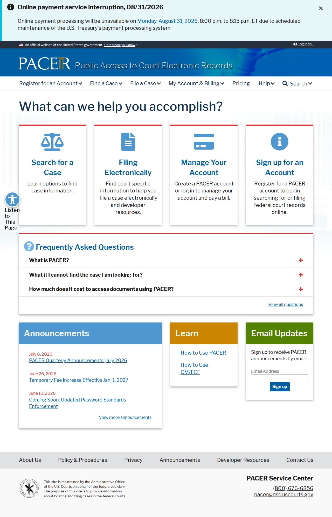 PACER federal court records access page