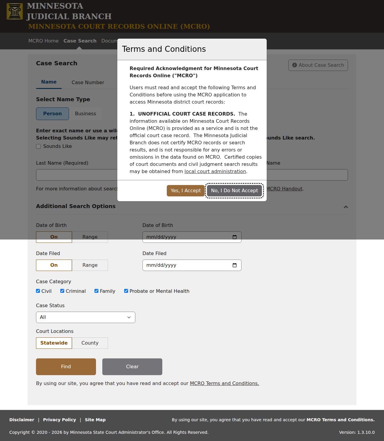 Lake County Criminal Docket MCRO case-search controls