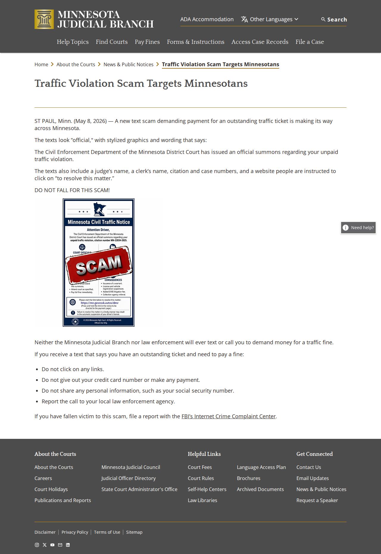 Minnesota Judicial Branch current traffic violation scam warning