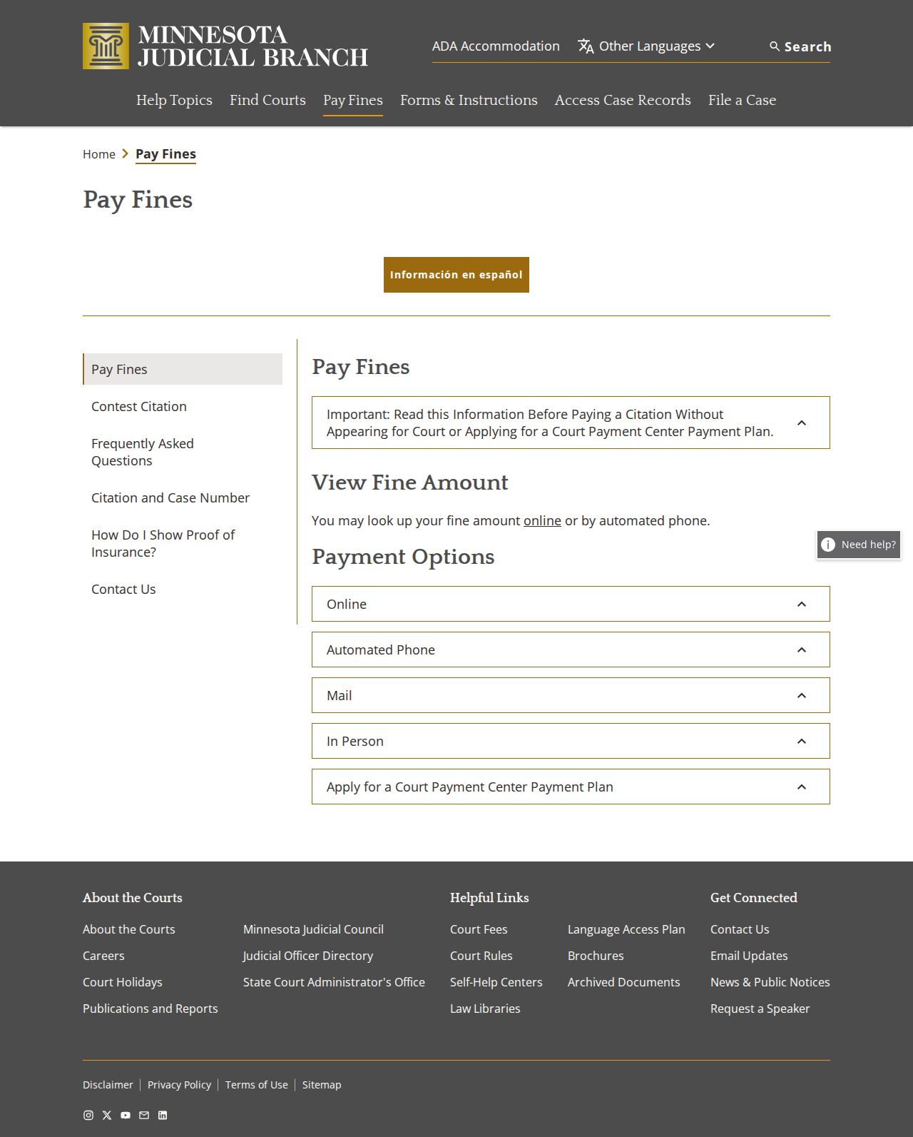 Minnesota Judicial Branch traffic fine payment information